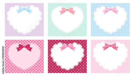 リボンがついたかわいいハートのレースフレームのベクターイラストセット。ドット、ラブリー