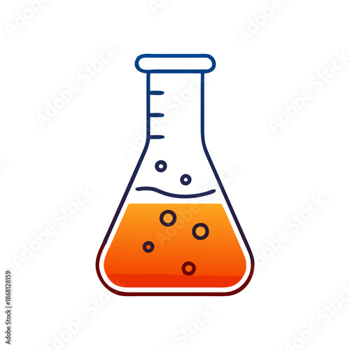 Science laboratory flask vector icon with orange liquid and bubbles, perfect for chemistry, research, education, and medical illustrations.