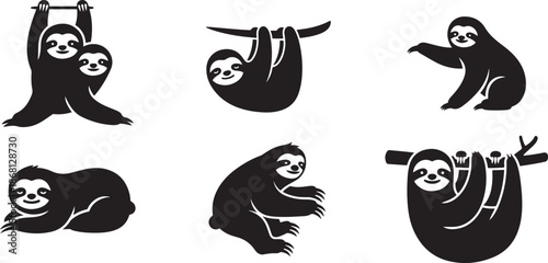 Sloth Silhouette Vector Icons: Slow Moving Tropical Mammals Hanging from Branches for Jungle Theme , Generative Ai