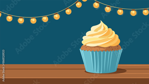 Delicious Vanilla Cupcake with Yellow Frosting and Festive String Lights - Vector Illustration