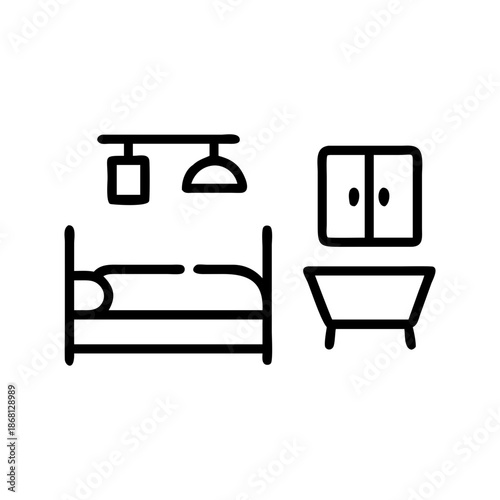 Minimalist black outline vector icon depicting a bed with a pillow, a hanging lamp, and a bedside table, alongside a separate bathtub and a cabinet, representing home, hotel