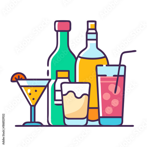 Colorful vector illustration of various alcoholic beverages including liquor bottles, a cocktail glass with orange slice, and other drinks, perfect for bar menus, party invitations