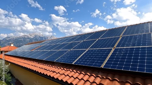 Modern Solar Panels Array on Red Tiled Rooftop Under Bright Blue Sky with Fluffy Clouds and Distant Snow Capped Mountains Landscape Generating Clean 