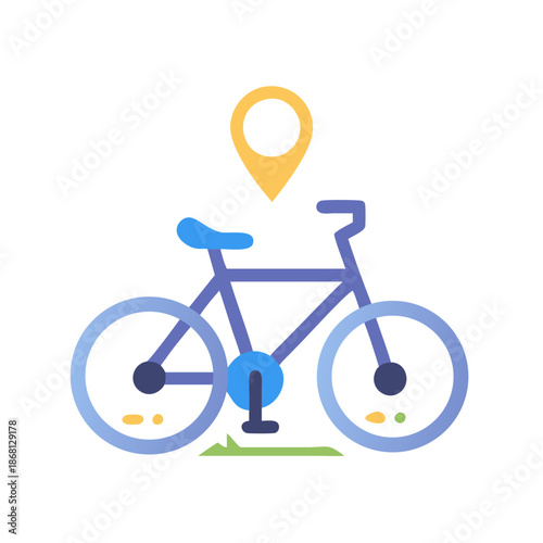 Modern flat design vector icon of a purple bicycle with blue seat and wheels, featuring a yellow location pin above, ideal for bike sharing apps, rental services, or cycling route maps.