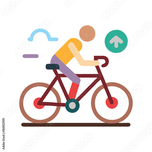 Flat design vector illustration of a person riding a brown bicycle with an upward arrow, symbolizing progress, growth, or uphill cycling, ideal for fitness, sport, or achievement concepts.