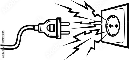 Black and white of electrical plug and socket with lightning bolts electricity power