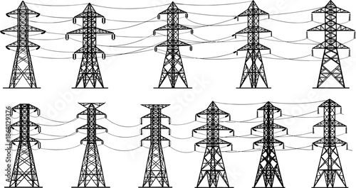 Black and white of various power line towers electricity transmission metal structures