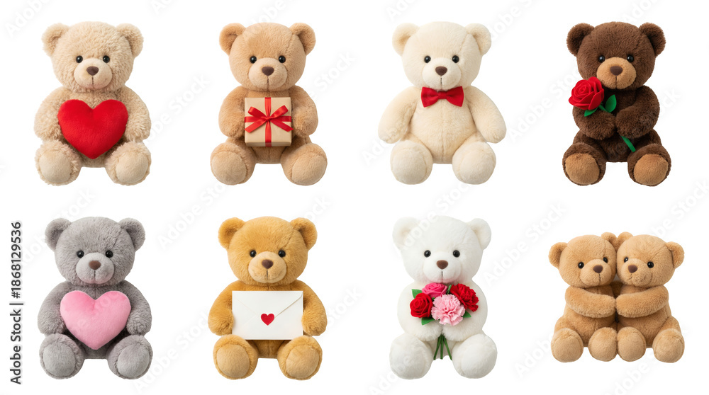Fototapeta premium Teddy bear set including plush toys with heart, gift, bow, rose, envelope, and bouquet isolated. Valentine and holiday gift collection.