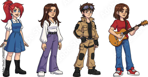 Cartoon characters with different outfits and hairstyles people comic style red hair