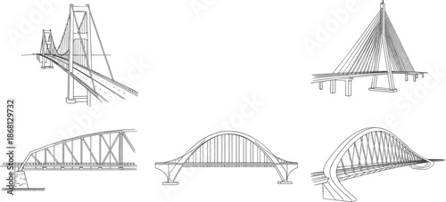 Collection of five distinct bridge in black and white line suspension bridge cable-stayed bridge