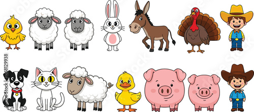 Cute cartoon farm animals and children in cowboy outfits chick chicken sheep lamb