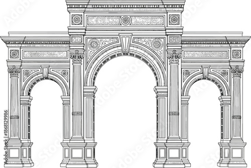 Detailed architectural of a grand triumphal arch with multiple arches and ornate columns