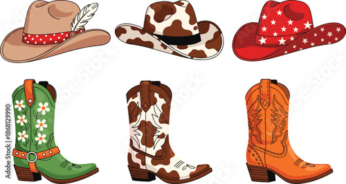 Cowboy hats and boots in various colors and patterns western wear fashion accessories