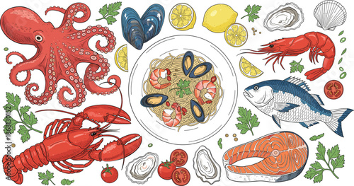 Seafood Illustration with Pasta Plate Octopus Lobster Shrimp Fish Oysters Lemon and Herbs Hand Drawn Style