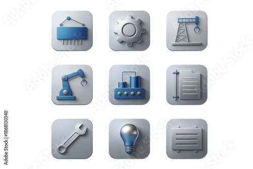 3D Render Industrial Automation and Factory Manufacturing Icons