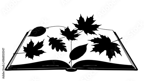A black and white illustration depicts an open book with leaves. This image captures the essence of knowledge, nature, and the changing seasons