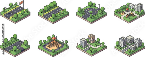 Isometric cityscapes and park scenes with roads trees and buildings urban playground