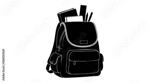 A black backpack filled with school supplies, representing education and learning