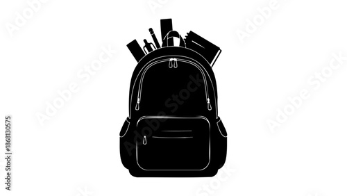 Silhouette of a black backpack filled with school supplies, ready for a new academic year. The backpack contains various stationery, symbolizing preparation and learning