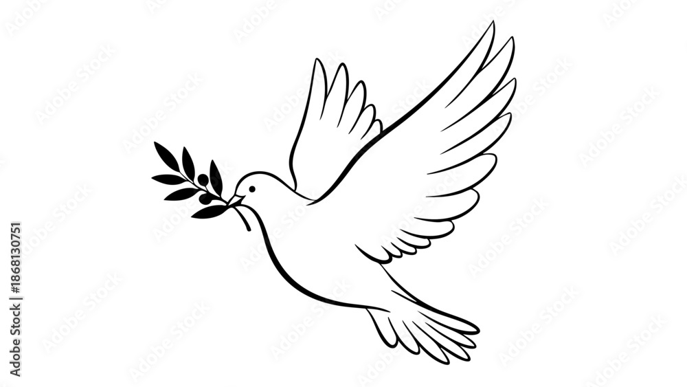 Obraz premium A dove carrying an olive branch, a symbol of peace. The dove is rendered in a simple line art style against a clean background, conveying a sense of hope and tranquility