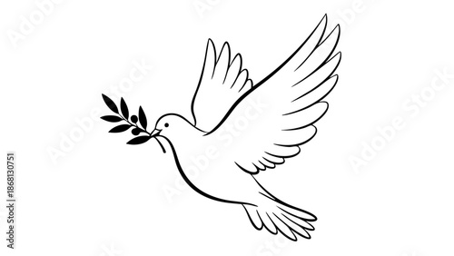 A dove carrying an olive branch, a symbol of peace. The dove is rendered in a simple line art style against a clean background, conveying a sense of hope and tranquility