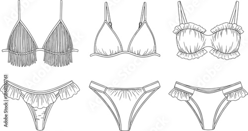 Line fashion of three bikini tops and three bikini bottoms swimwear lingerie fashion line outline