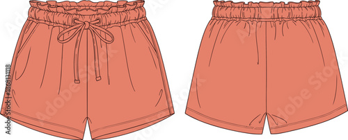 Salmon colored shorts with ruffled waistband and drawstring elastic waist
