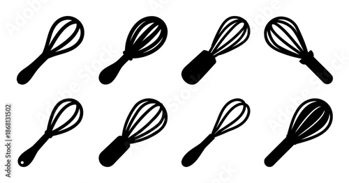 Black and white illustration of whisks for cooking and baking needs
