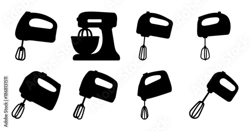 A collection of black silhouette mixer appliances for kitchen use