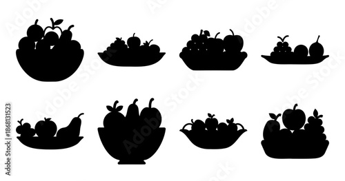 Silhouette Fruit Bowls and Plates Full of Assorted Fruits on White Background