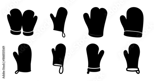 Eight Black Glove and Oven Mitt Silhouettes on a White Background