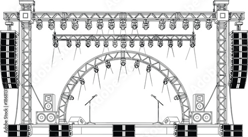 Stage lighting truss system with speakers microphones and spotlights