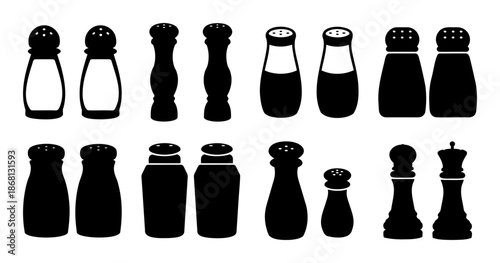 Black and white illustration of assorted salt and pepper shakers