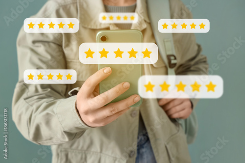 Young woman giving rating t...