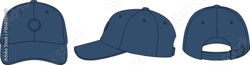 Three views of a plain dark blue baseball cap with black outlines headwear apparel