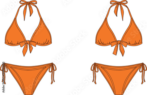 Two orange string bikini sets with bow details on white background swimwear