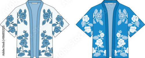 Two flat lay of open kimonos with floral patterns in blue and white jacket robe front