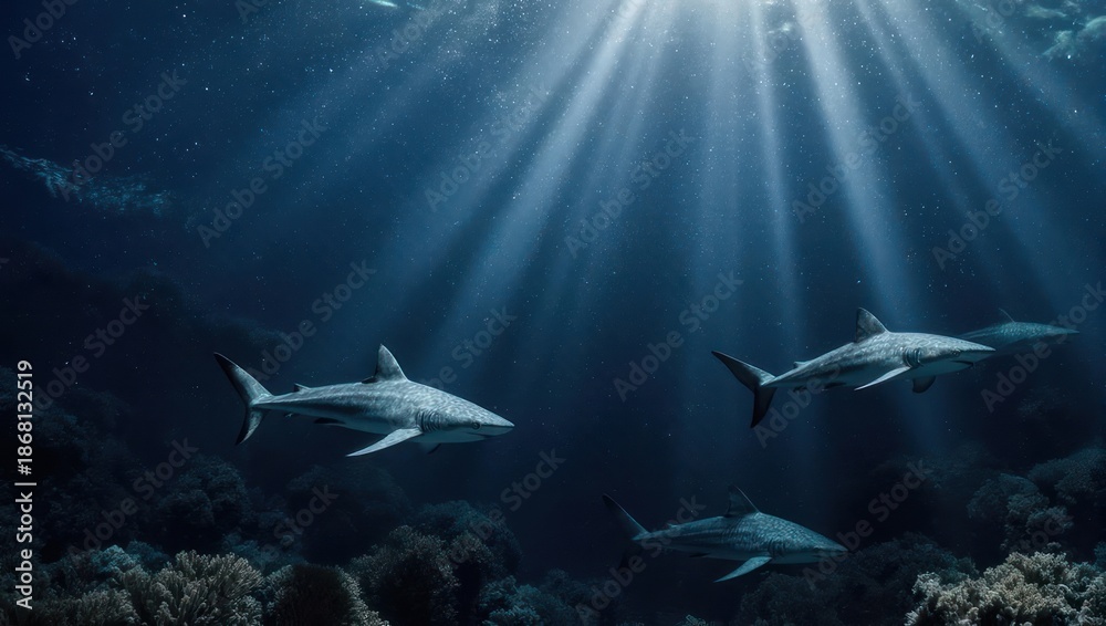 Fototapeta premium Sharks swimming in ocean with sun rays shining through water.