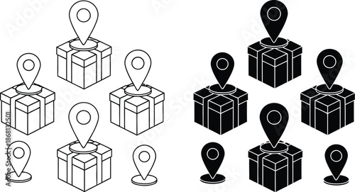 A graphic illustration of various colored packages with location pins on a white background