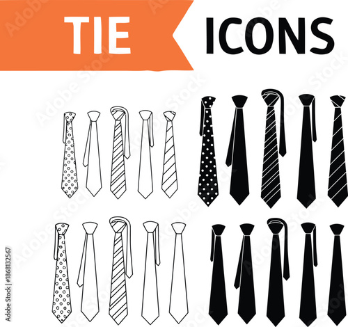 A collection of various neckties and icons on a white background for business fashion