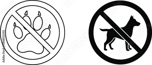 No dogs allowed signs with paw print and dog silhouette on white background
