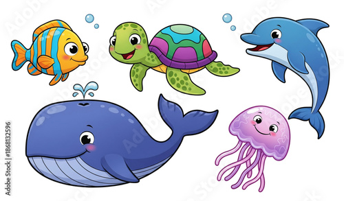 Garish cartoon underwater sea animal characters tropical marine creatures vector isolated on transparent background