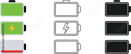 A collection of battery icons in various states of charge and design styles on a white background