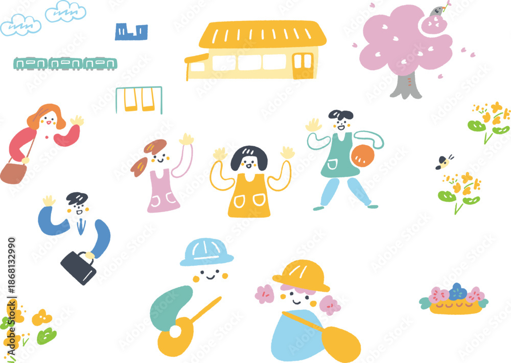 Fototapeta premium パステルカラーの手描き風タッチで描かれた、春の朝に黄色い屋根の園舎へ期待と不安を胸に登園する子供たちと寂しさを抑えて出社する保護者、笑顔で迎え入れる男性と女性の保育士のベクターイラストセット