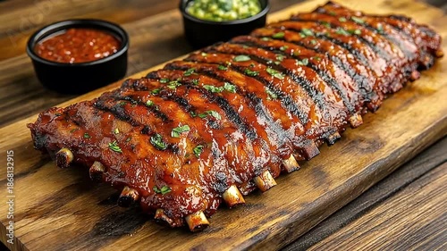 Delicious Barbecue Pork Ribs Glazed With Sweet BBQ Sauce Garnished With Fresh Parsley Served On A Wooden Board With Two Small Bowls Of Dipping 