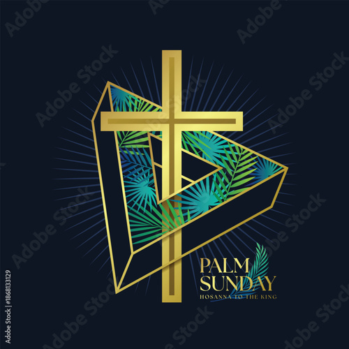 Palm sunday - Gold cross in triangular three dimensional lines with green palm leaves texture on dark blue background vector design