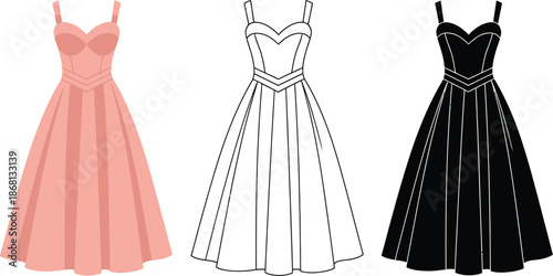 Three different colored evening gowns in various design styles and colors for fashion illustration