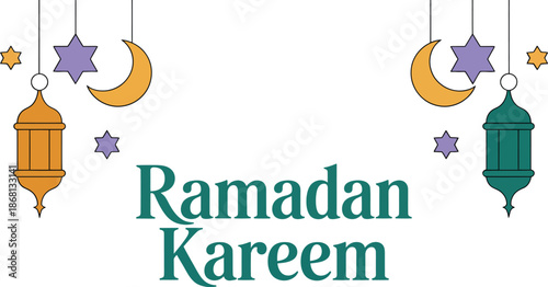 Ramadan kareem greeting with lanterns and crescent moon celebrating islamic holy month Vector illustration