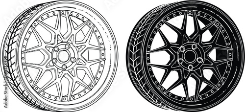 A set of three car wheels in different colors and designs on a white background