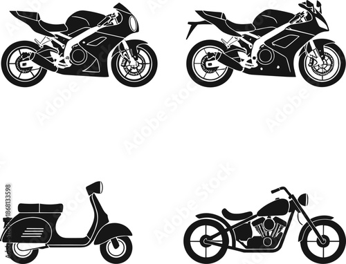 Set of Motorcycle and Scooter Silhouettes Side View Vector IllustrationSet of Motorcycle and Scooter Silhouettes Side View Vector Illustration